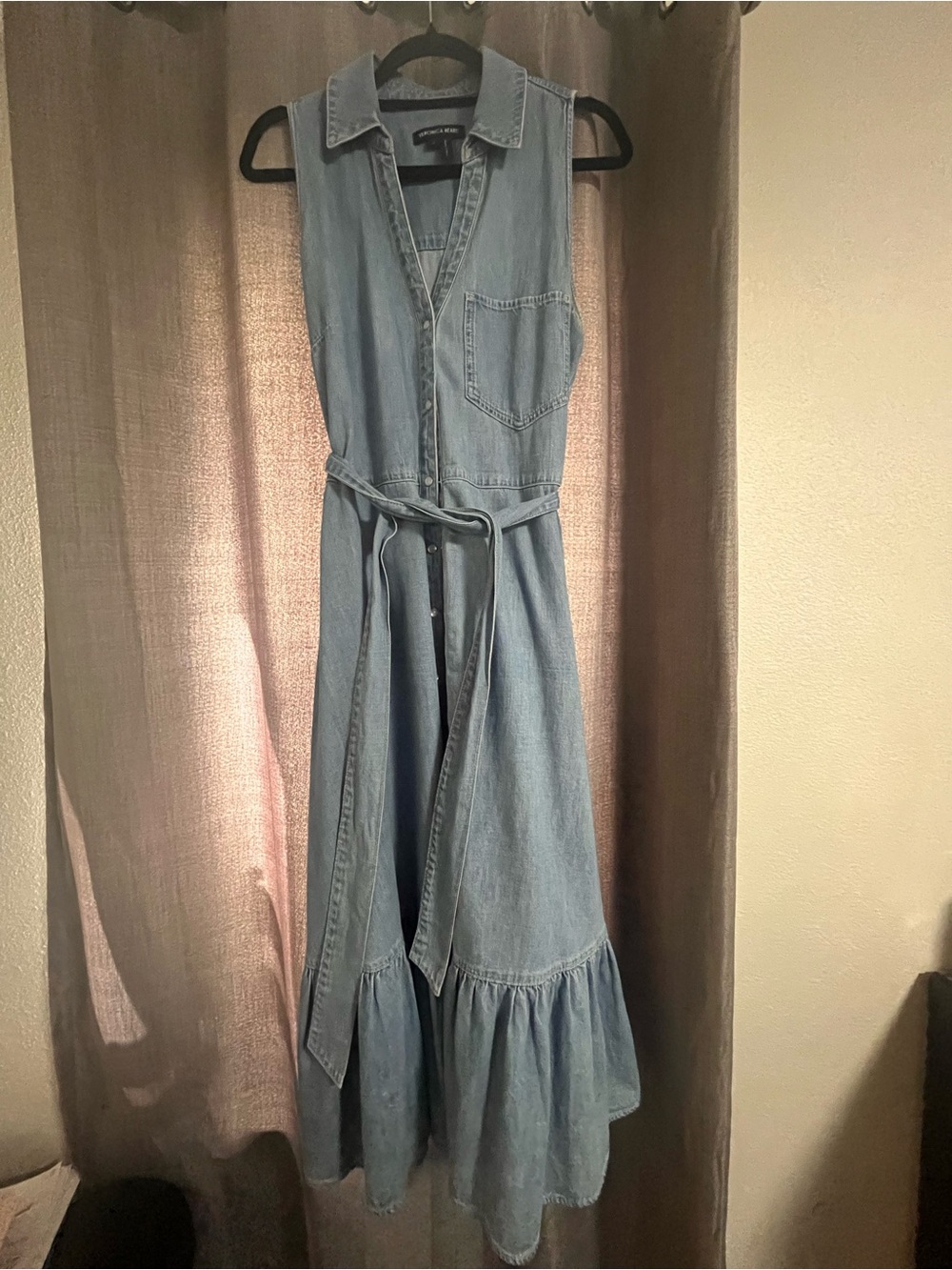 Veronica Beard Light Blue Sleeveless Denim Maxi Dress with Tie
